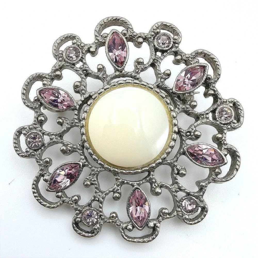 Vintage Mother Of Pearl‎ Rhinestone Glass Pink Ornate Filigree Brooch Pin Retro